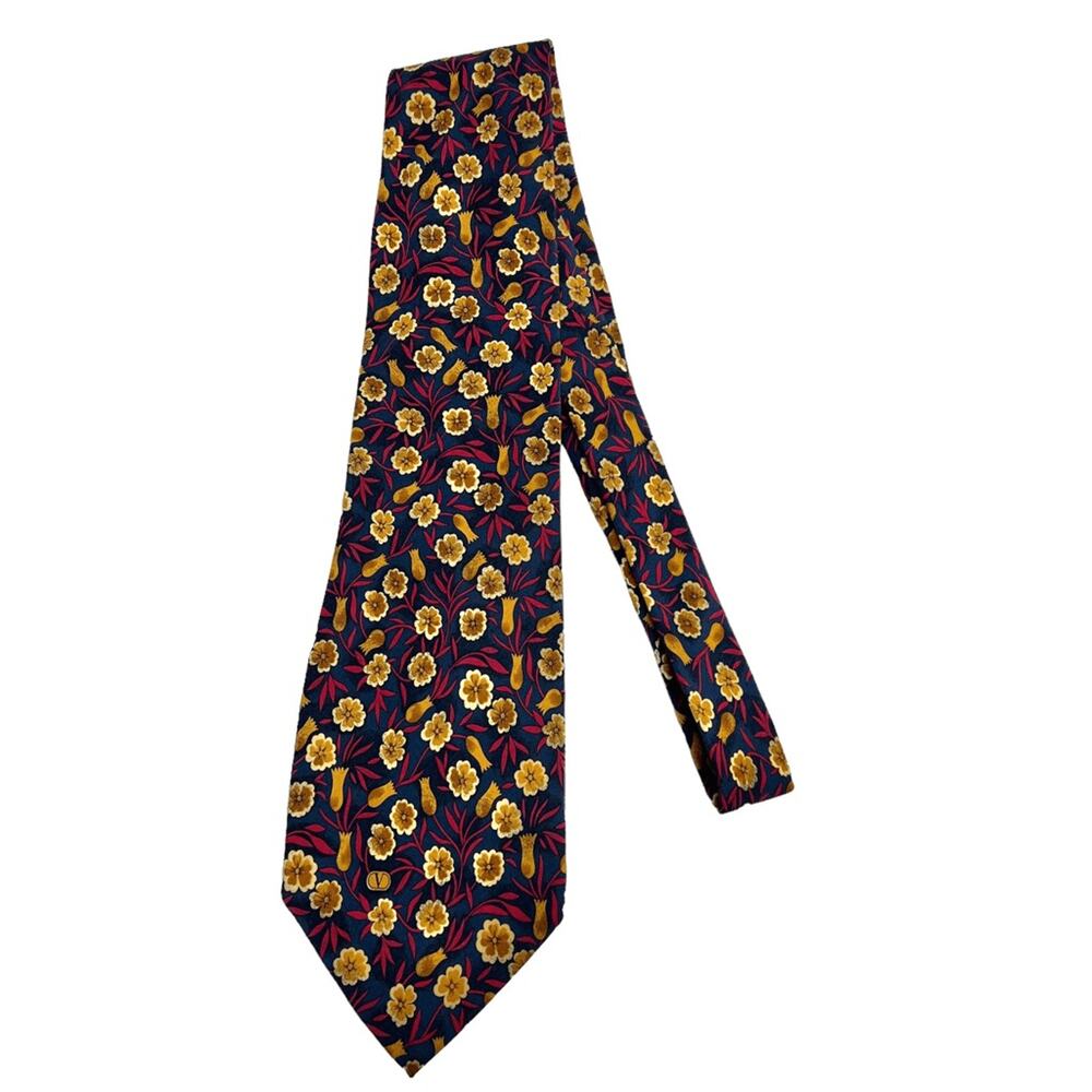Valentino Flower Print Silk Men's Tie Navy/Red/Gold Made in Italy